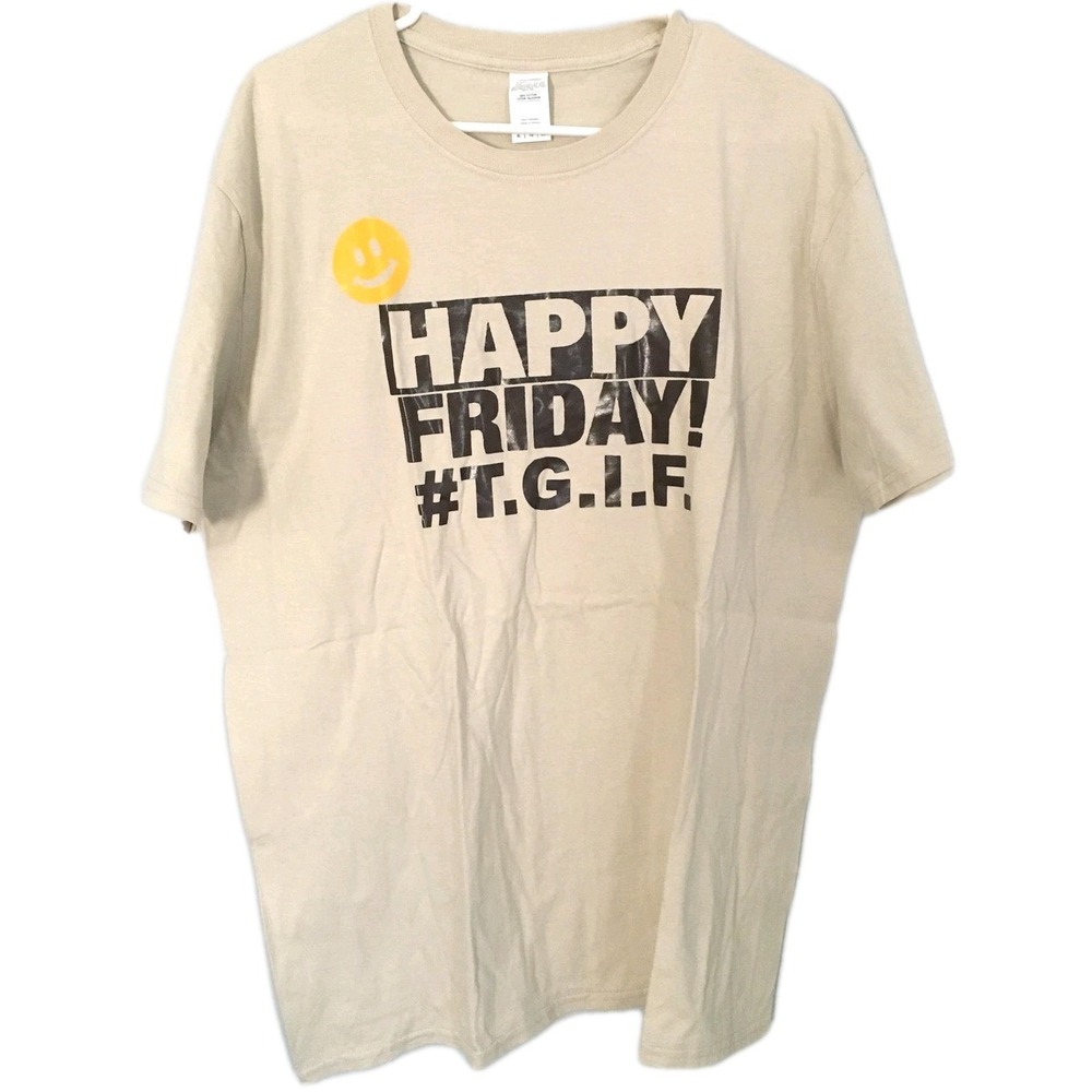 Gildan Happy Friday Shirt Women XL Tan TGIF Smiley Face Funny Graphic Tee